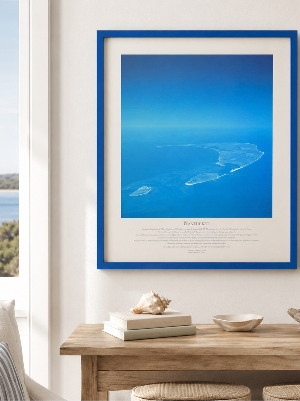Nantucket Vintage Aerial Photo Art Print 1995 Blue Frame